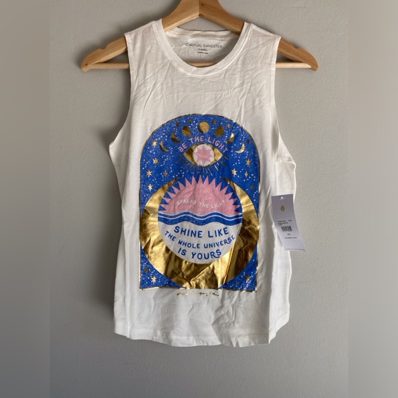 NWT Rare Spiritual Gangster muscle tank Xs White Tank With Metallic Print